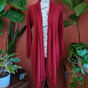 Deep Red Open Front High Low Cardigan